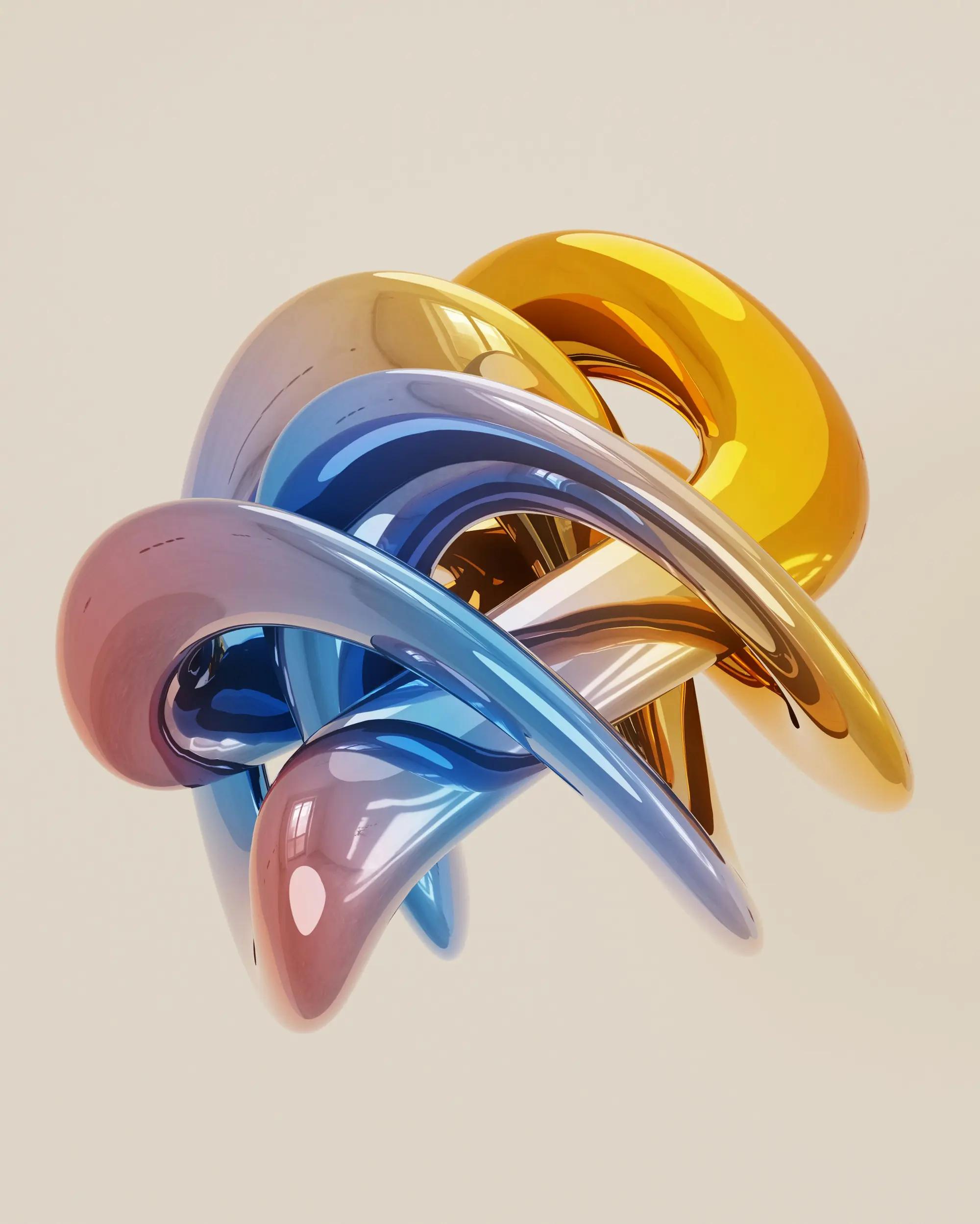 Abstract shiny intertwined object in blue and gold