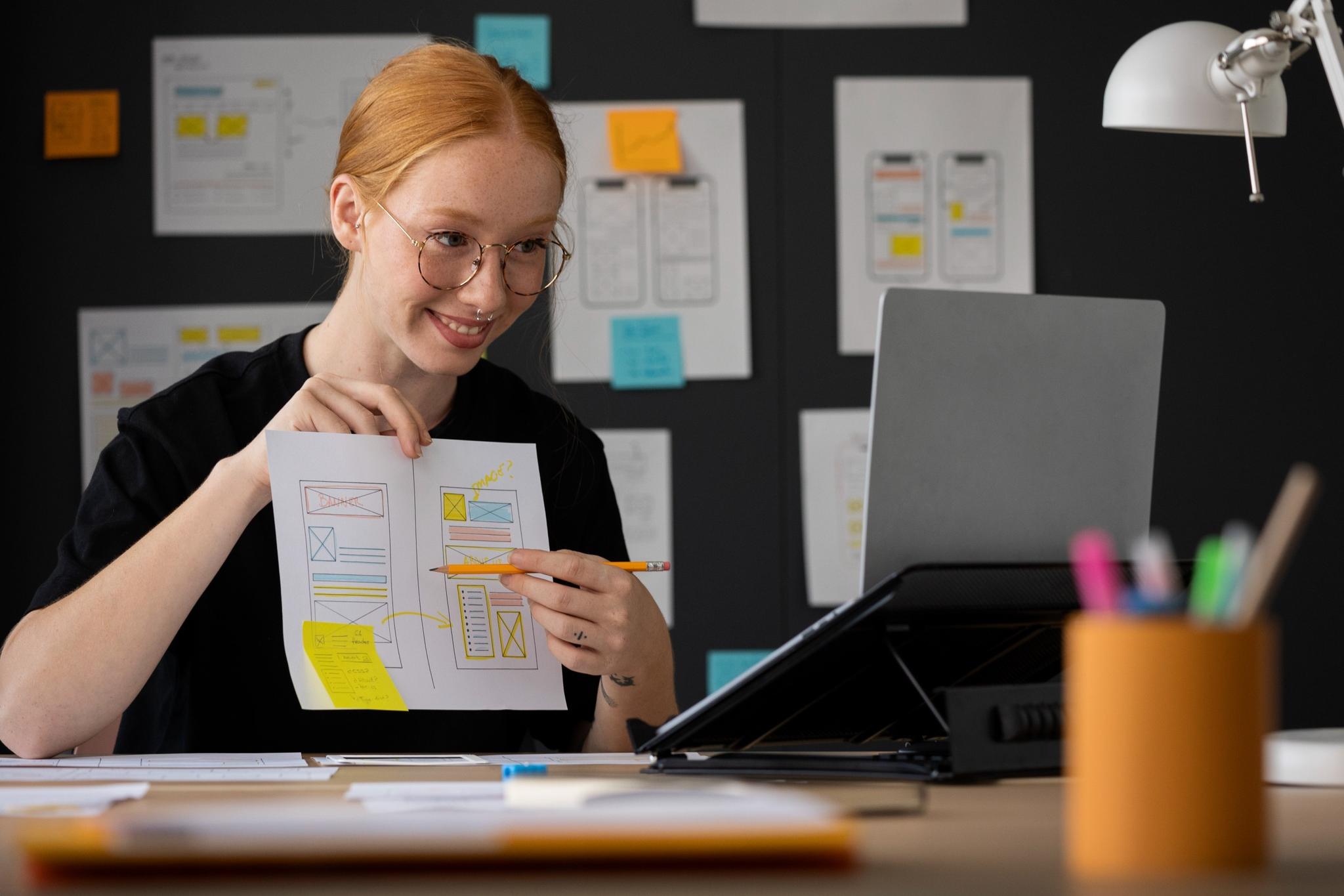 Frau zeigt Website-Layout auf Papier an Computerarbeitsplatz.