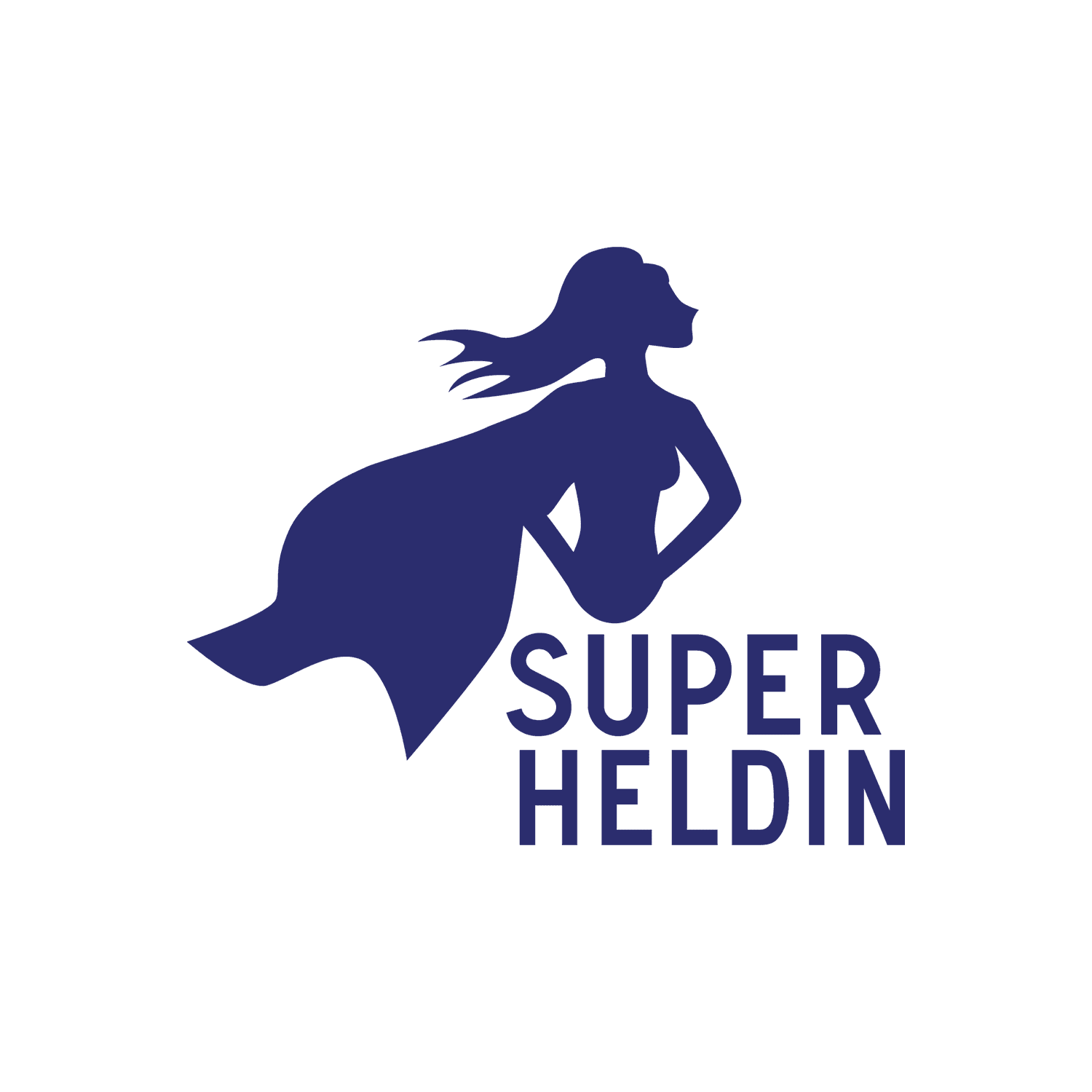 Silhouette of a female superhero with flowing cape and the text 'SUPER HELDIN'