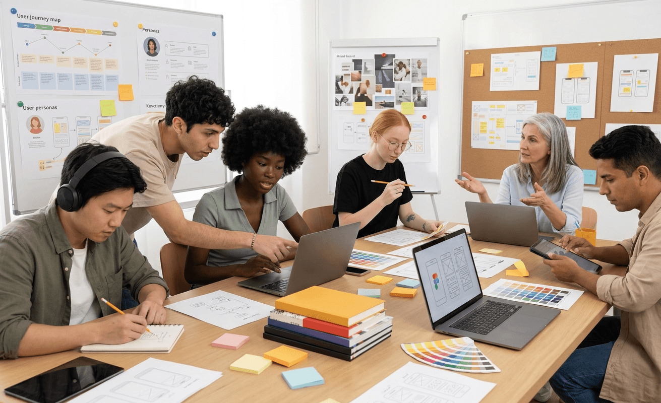 Personengruppe arbeitet gemeinsam an Designprojekten in einem Büro.