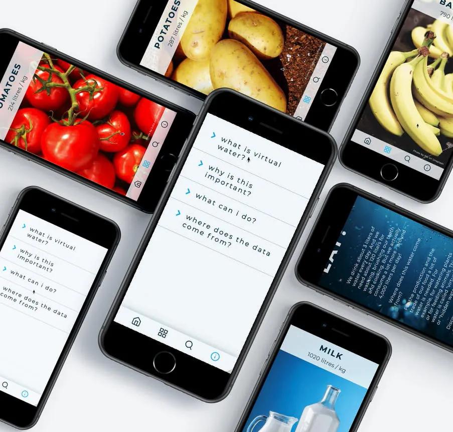 Multiple smartphones displaying images of food and informational screens.