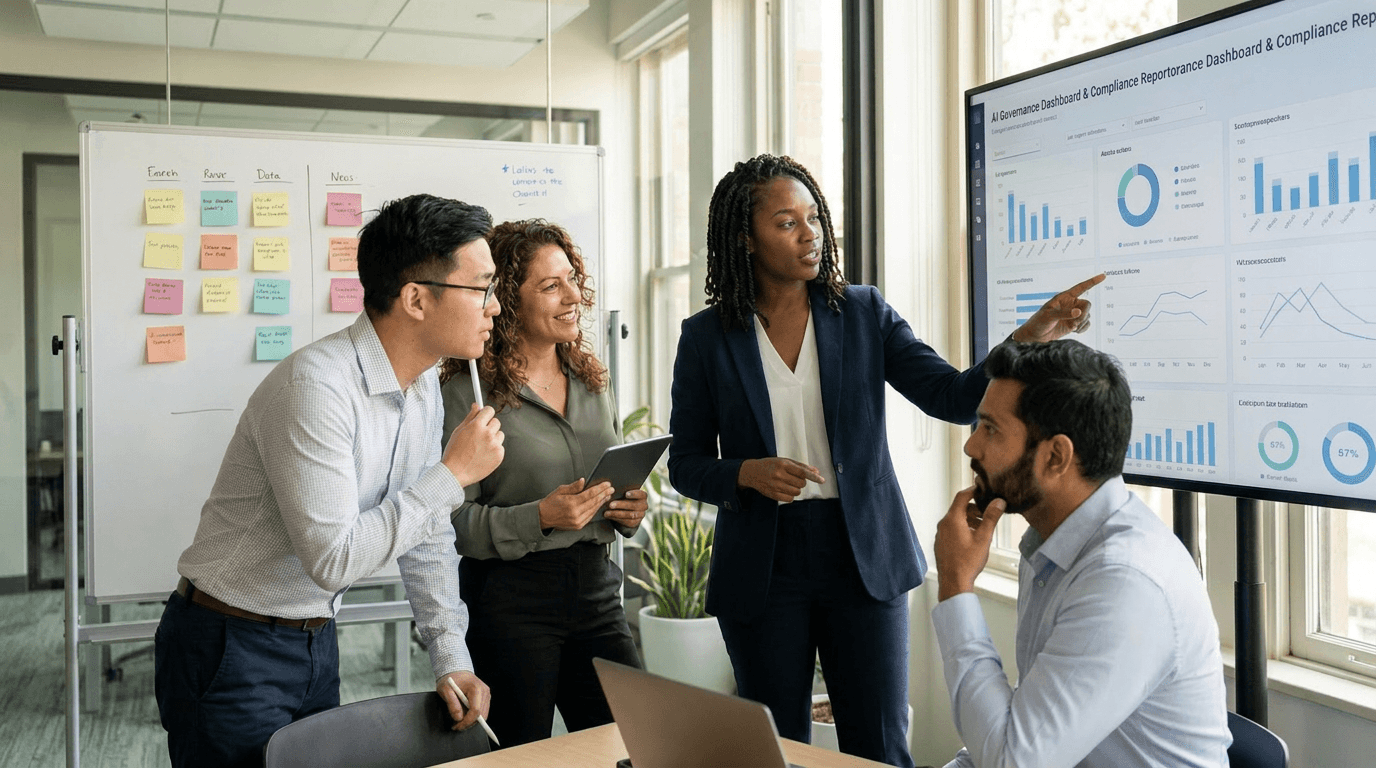 People standing in the office room and looking at the dashboard.