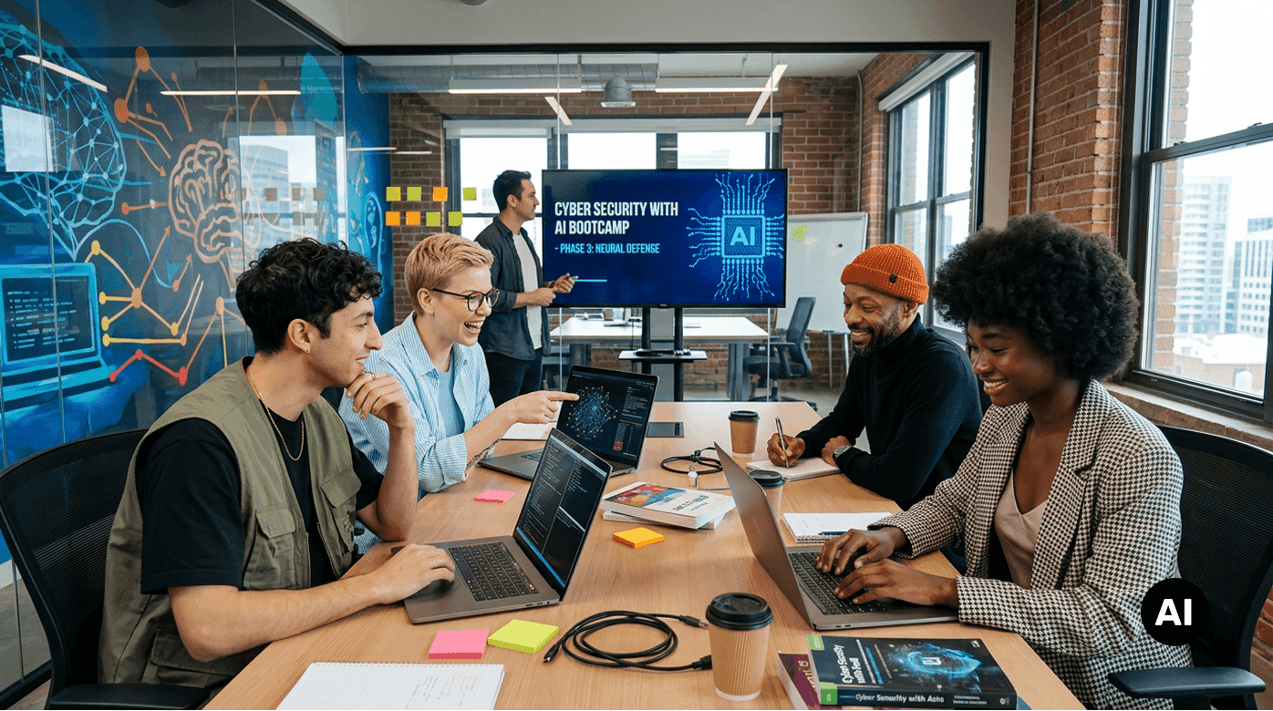 Gruppe von Menschen im Büro bei KI- und Cybersicherheits-Bootcamp