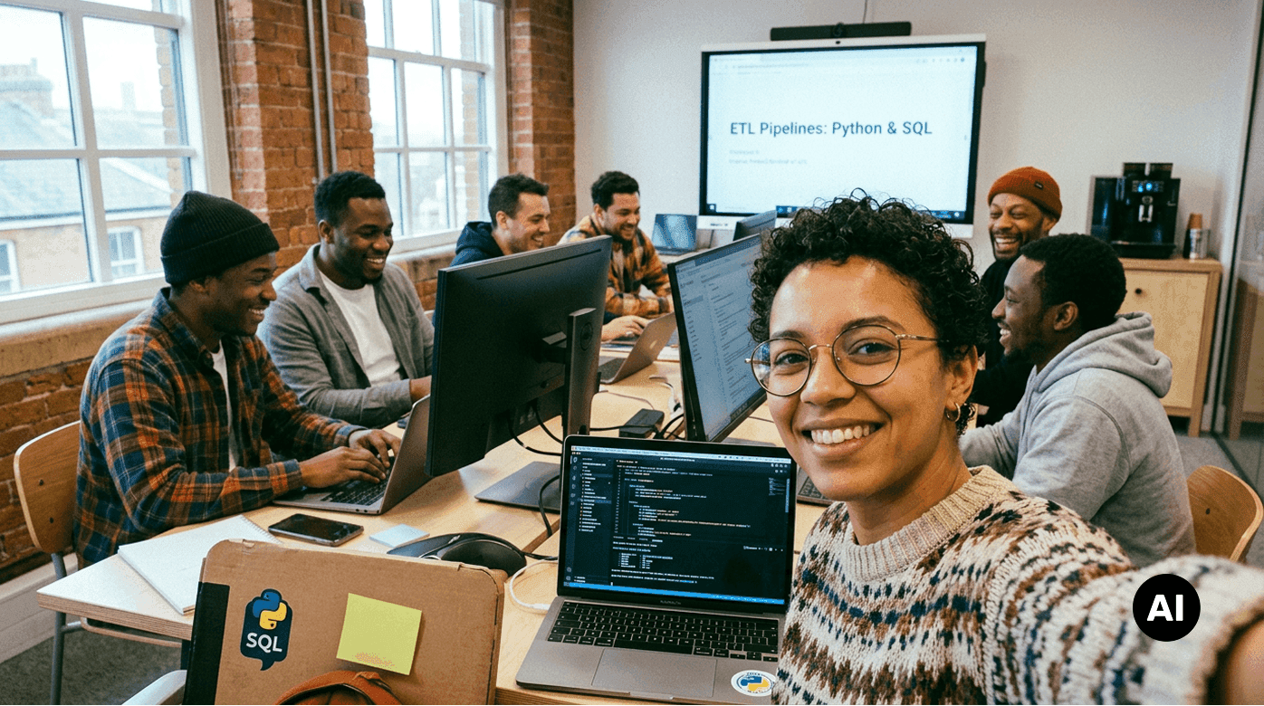 Gruppe von Personen arbeitet an Computern an Datenpipeline-Projekt.