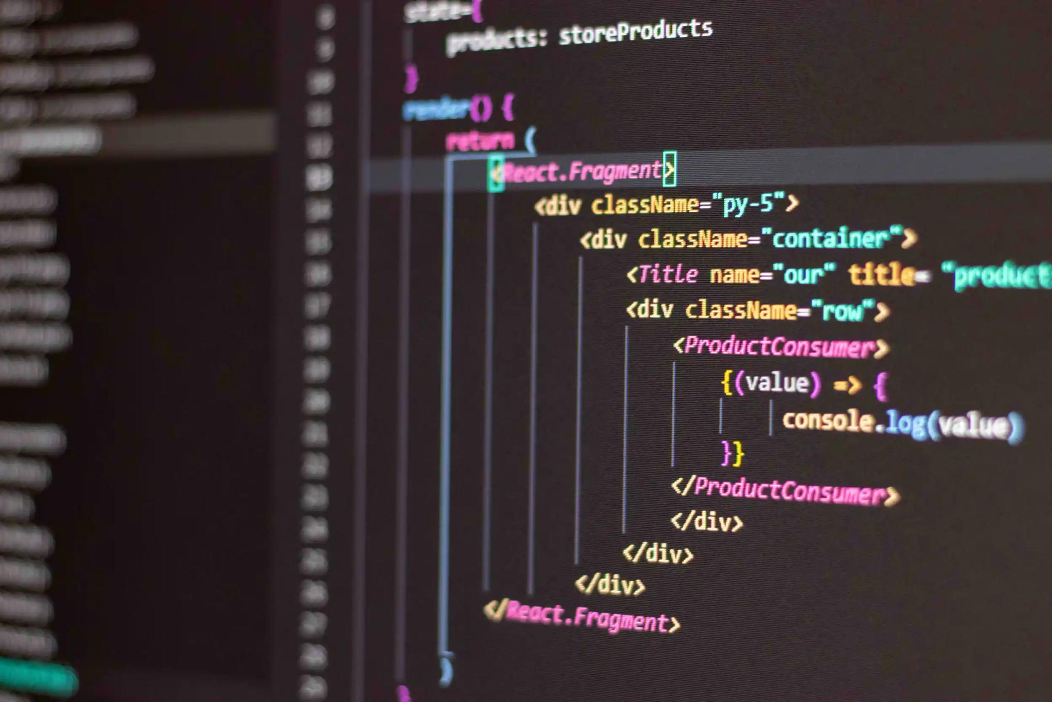 Screen showing React code and programming syntax.