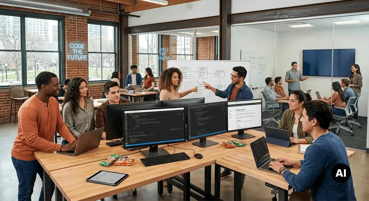 Menschen arbeiten gemeinsam in einem modernen Büro mit Computern