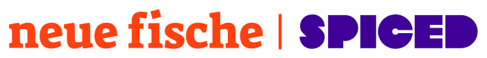 Textlogo mit den Worten 'neue fische | SPICED' in Orange und Lila.
