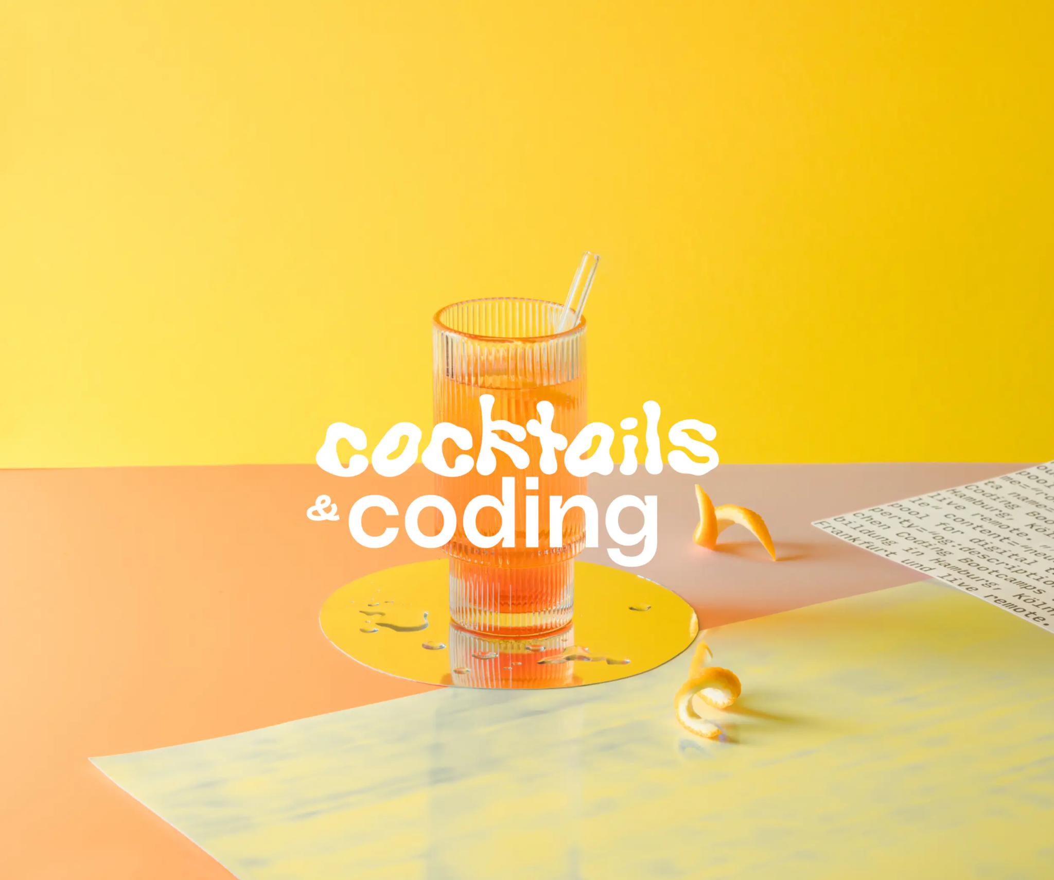 A cocktail glass with a straw against a yellow background with the text "cocktails & coding".