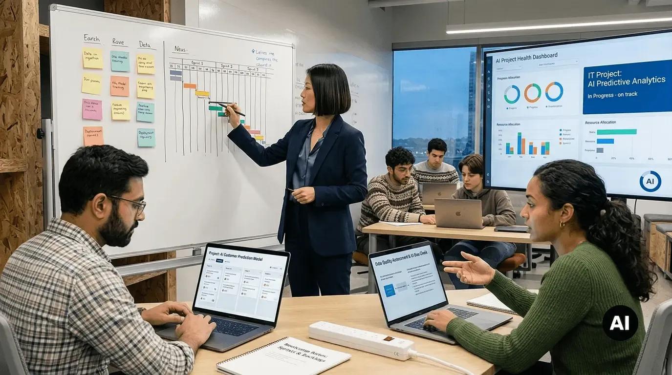 Team in einem Büro bei einer Projektbesprechung mit Whiteboard und Laptops.