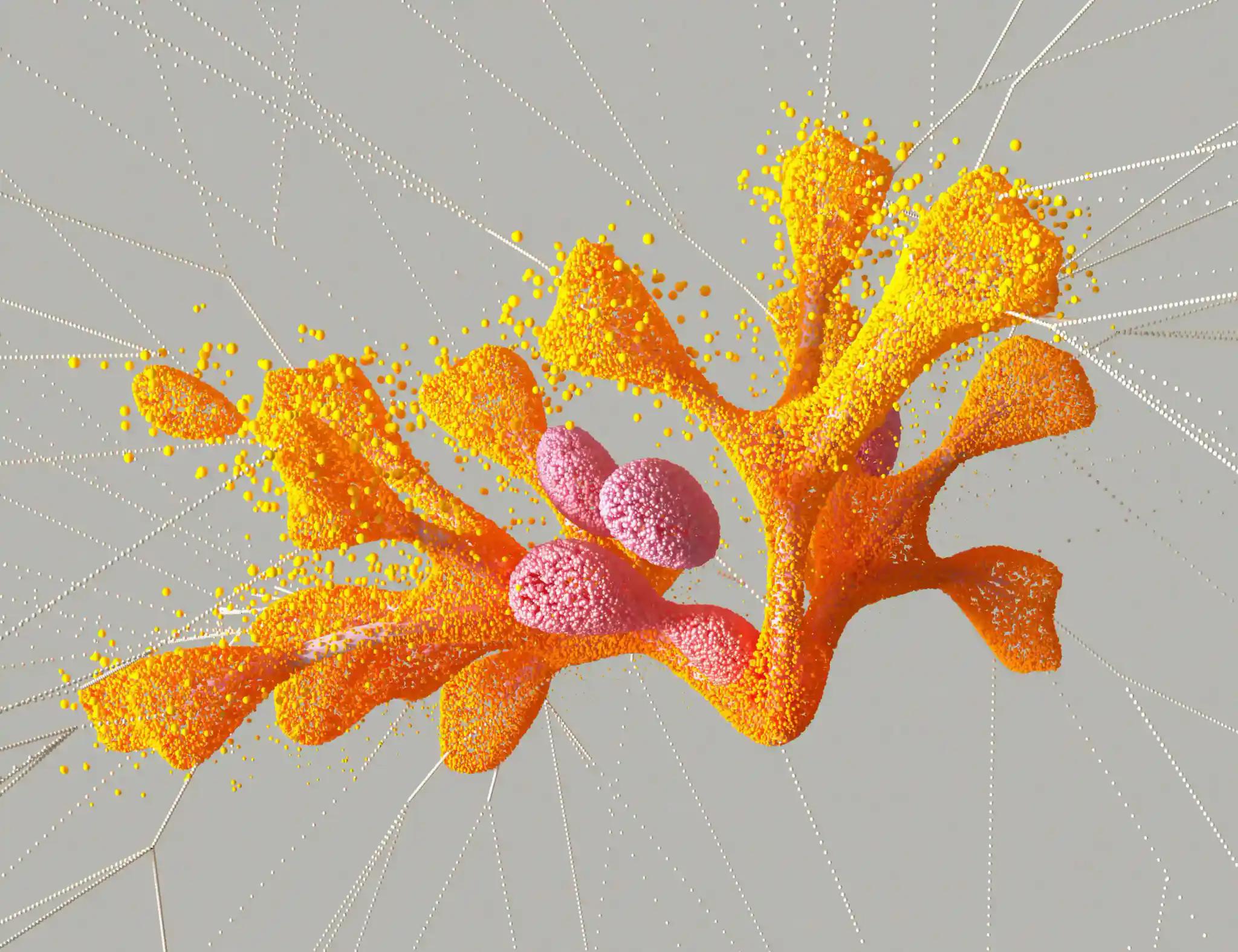 Abstract orange and pink shape with dot network structure