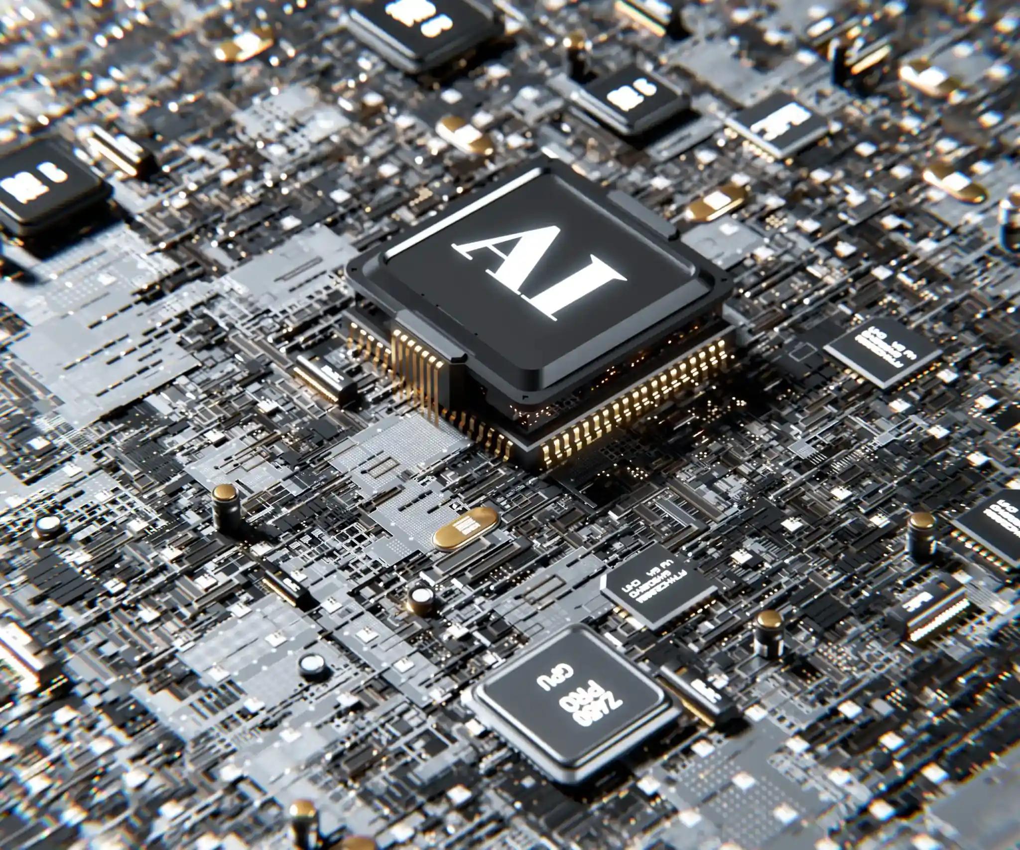 Mikrochip mit AI-Label auf einer Leiterplatte