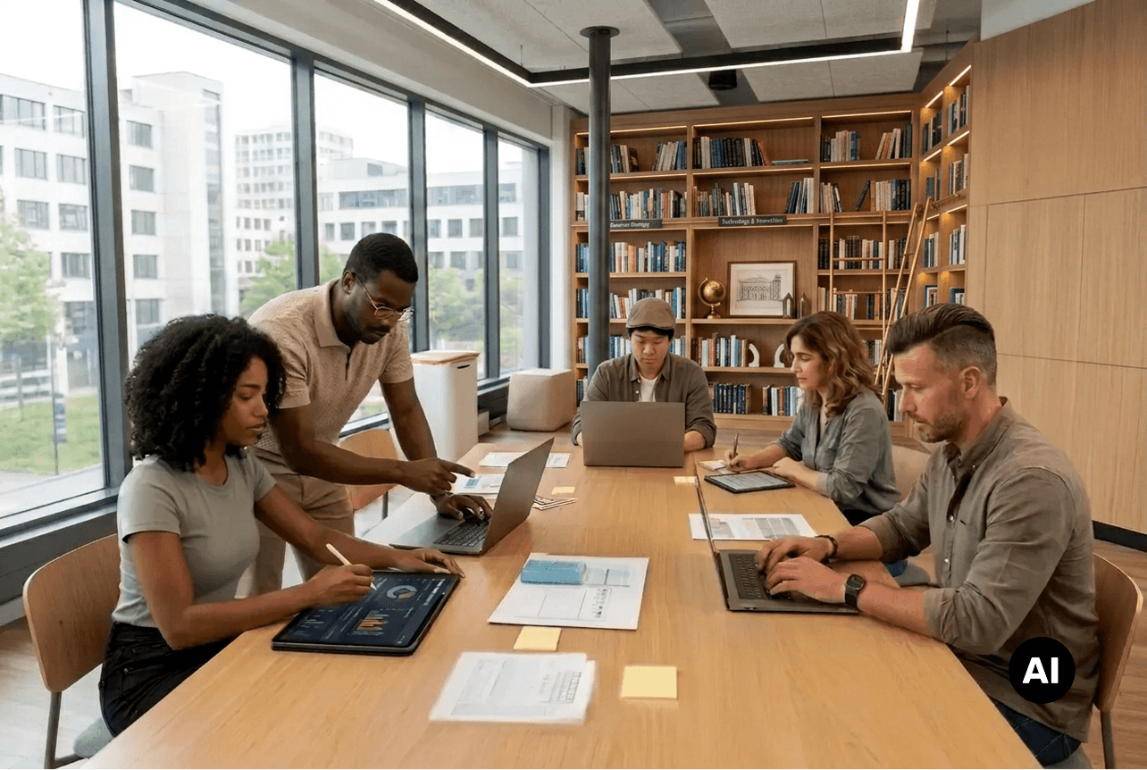Menschen, die in einem modernen Büro an Laptops und Tablets arbeiten.
