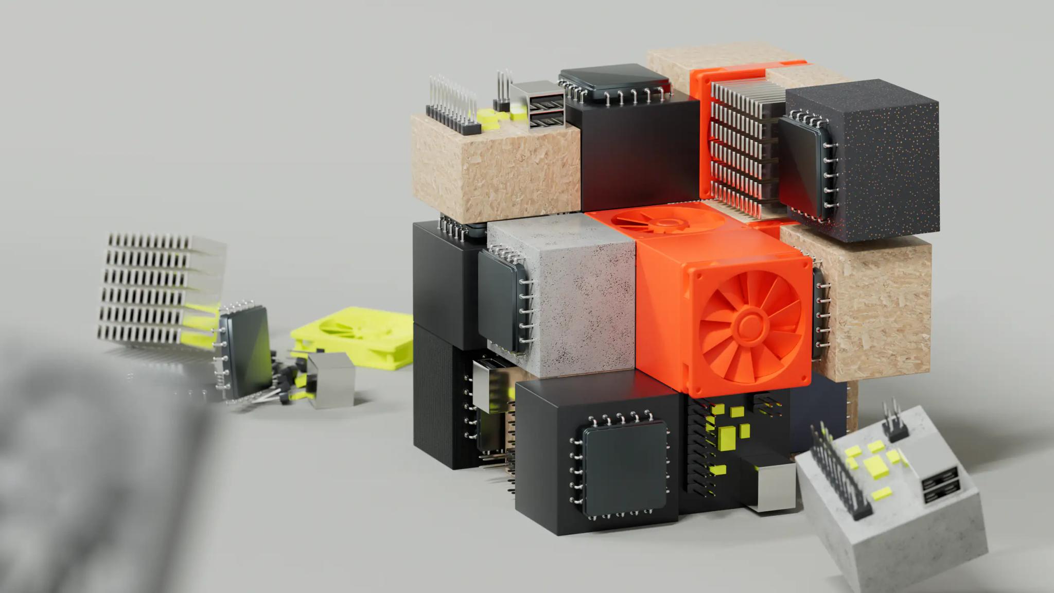 Abstract 3D blocks with glowing accents