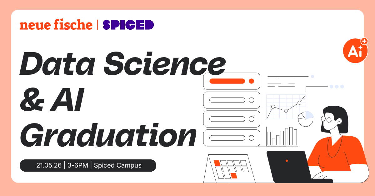 Event announcement for Data Science & AI Graduation on May 26, 2021, at Spiced Campus.