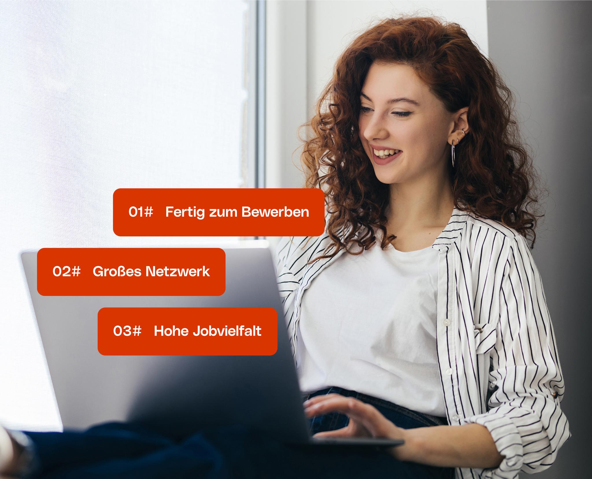 Frau arbeitet am Laptop mit hervorgehobenen Vorteilen