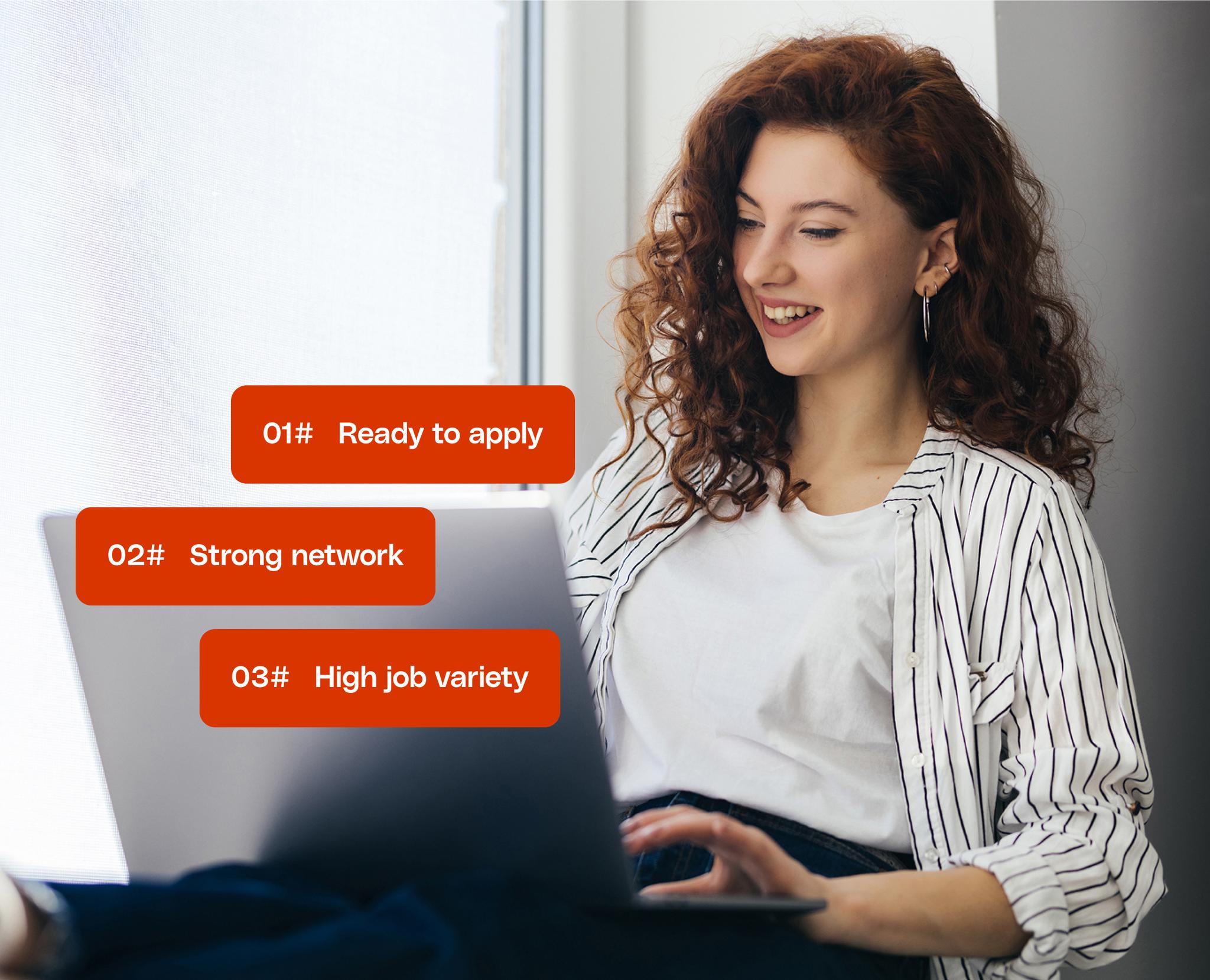 Woman working on laptop with highlighted benefits