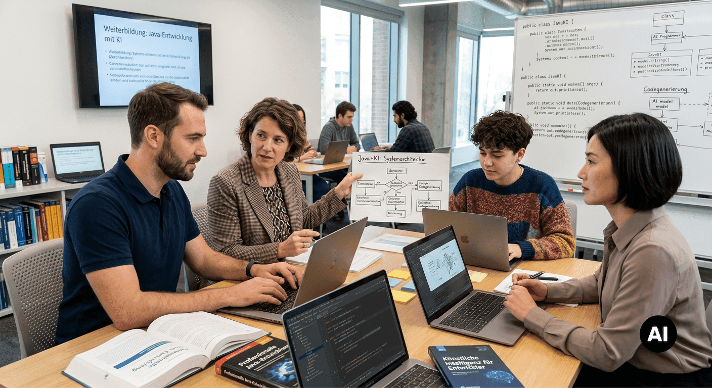 Gruppe von Erwachsenen und Jugendlichen, die in einem Klassenraum an Laptops Programmierung lernen.