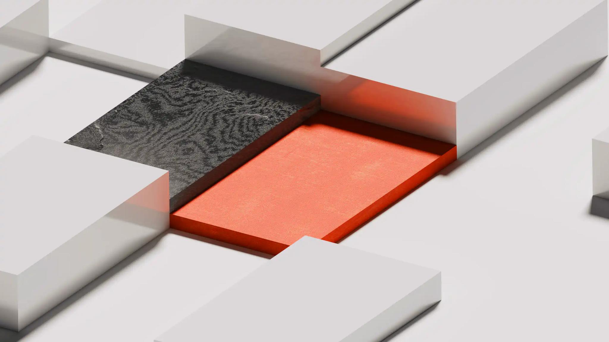 Abstract geometric shapes with orange and black squares.