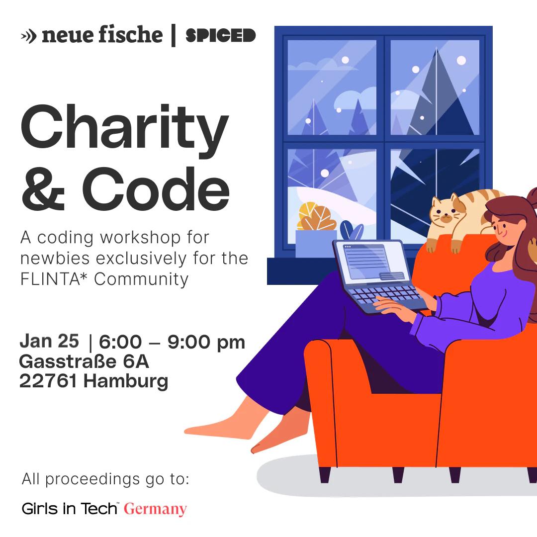 Illustration of a woman sitting on a chair with a laptop, a cat beside her, advertising a coding workshop for the FLINTA* community in Hamburg.