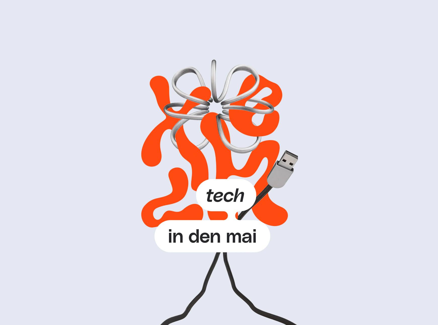 Abstrakte Darstellung von Technologie mit USB-Stecker und Schriftzug "tech in den mai".