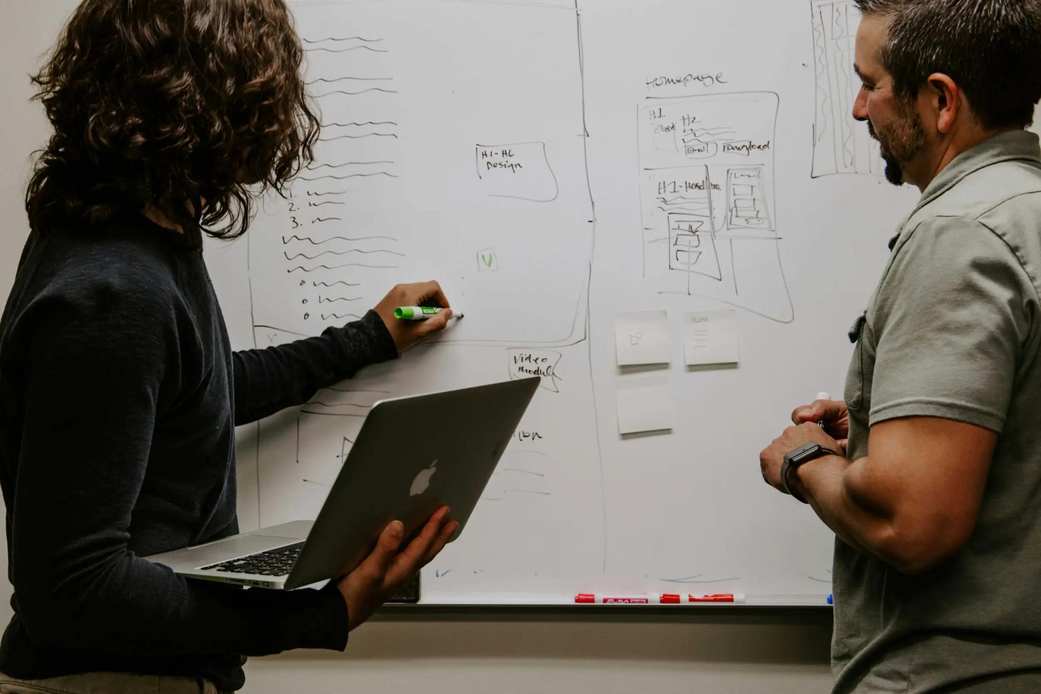 Two people planning at a whiteboard.