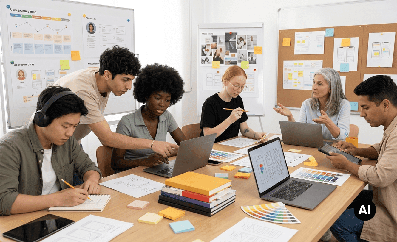 Team arbeitet an Designprojekten in einem modernen Büro.