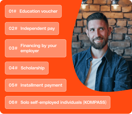 Man next to a list of education funding options.