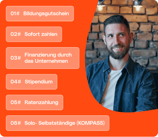 Mann neben einer Liste von Bildungsfinanzierungsoptionen.