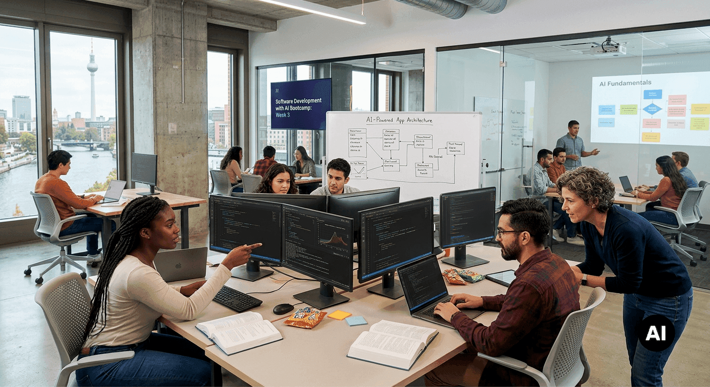 Menschen arbeiten in einem modernen Büro mit Computern und Präsentationen zu KI-Themen.