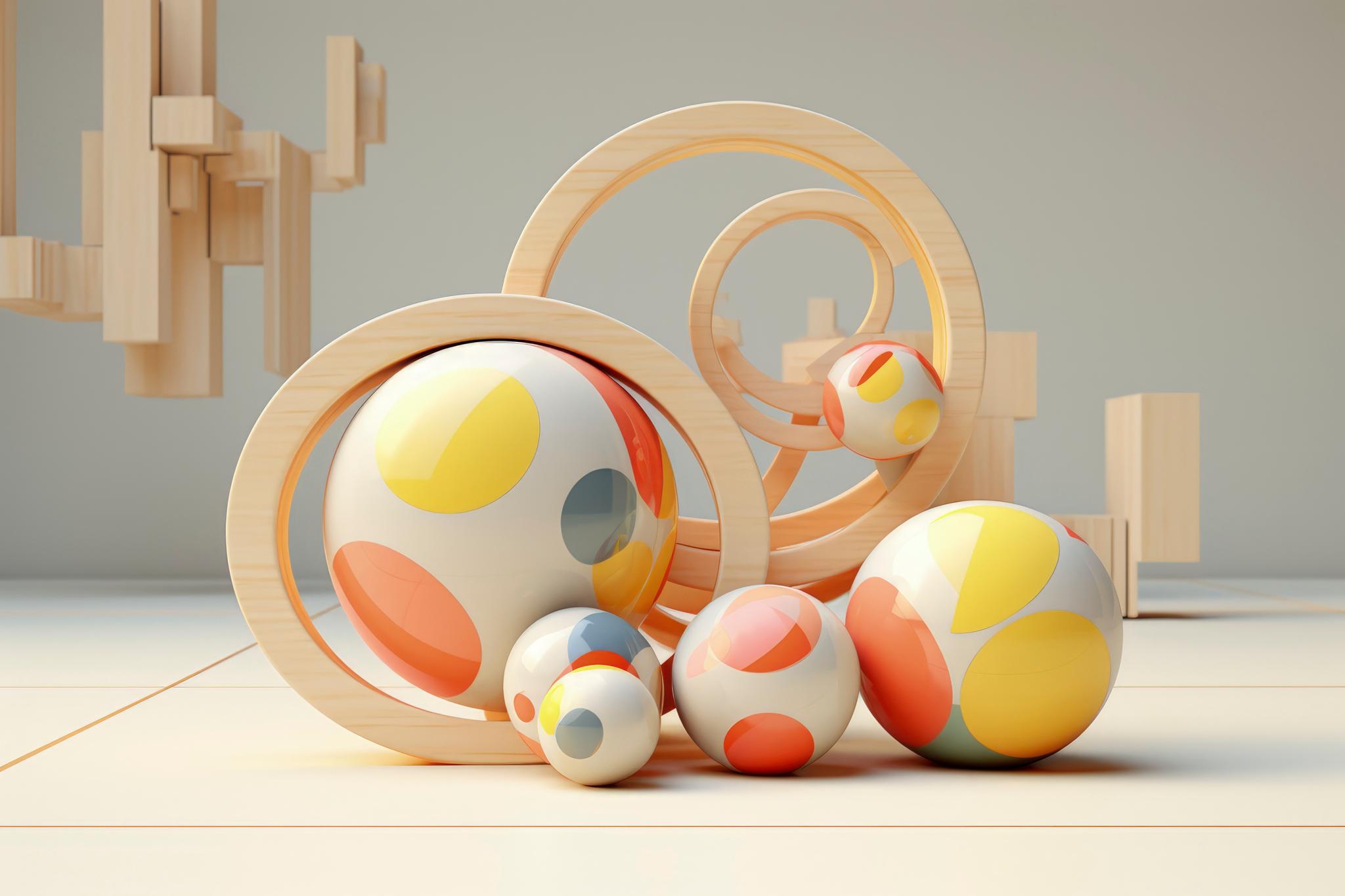 Colorful spheres and abstract wooden shapes