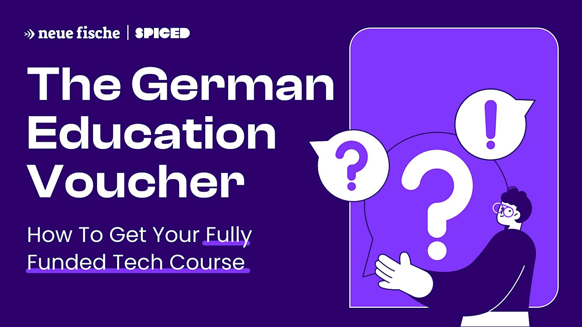 Illustration of the German education voucher with question marks and a person