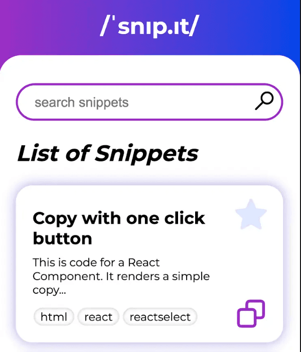 Screenshot of a web app for searching and copying code snippets