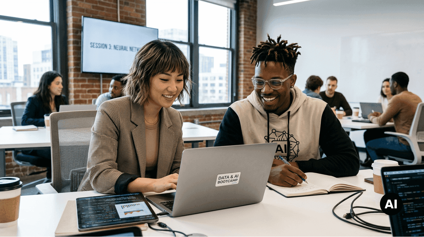 Personen arbeiten gemeinsam an Laptops in einem modernen Büro.