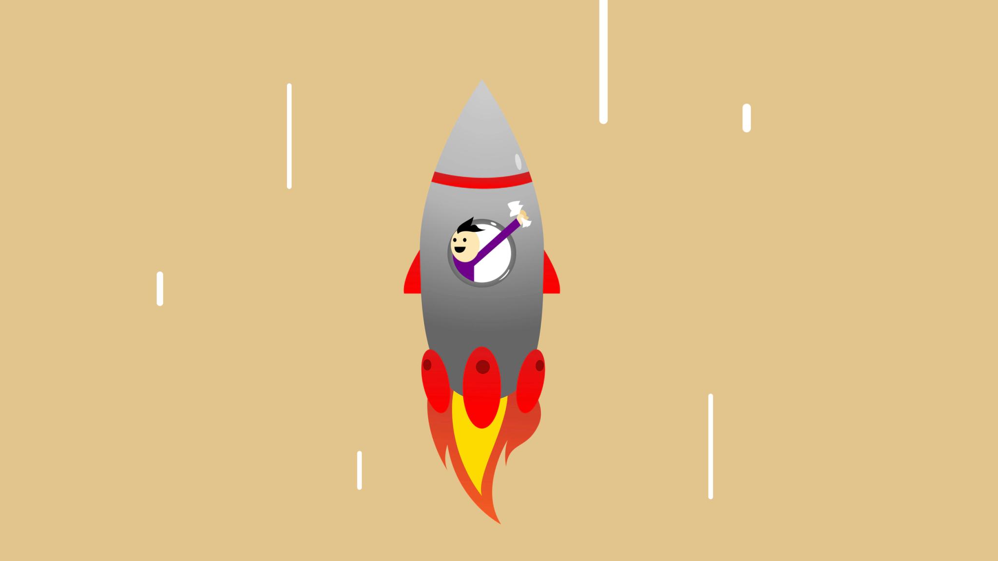 Cartoon character launching in a rocket.