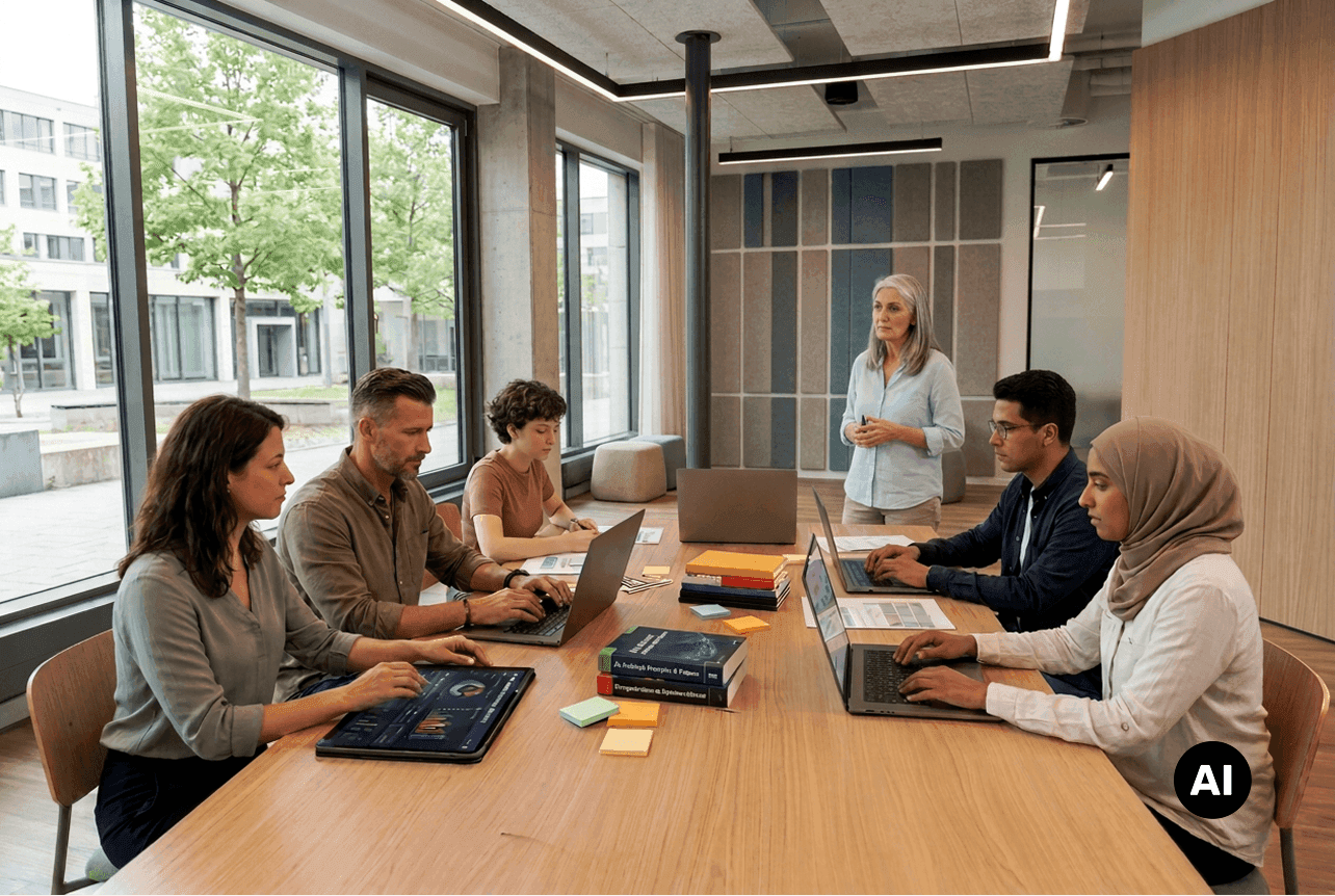 Menschen arbeiten in einem modernen Besprechungsraum an Laptops.