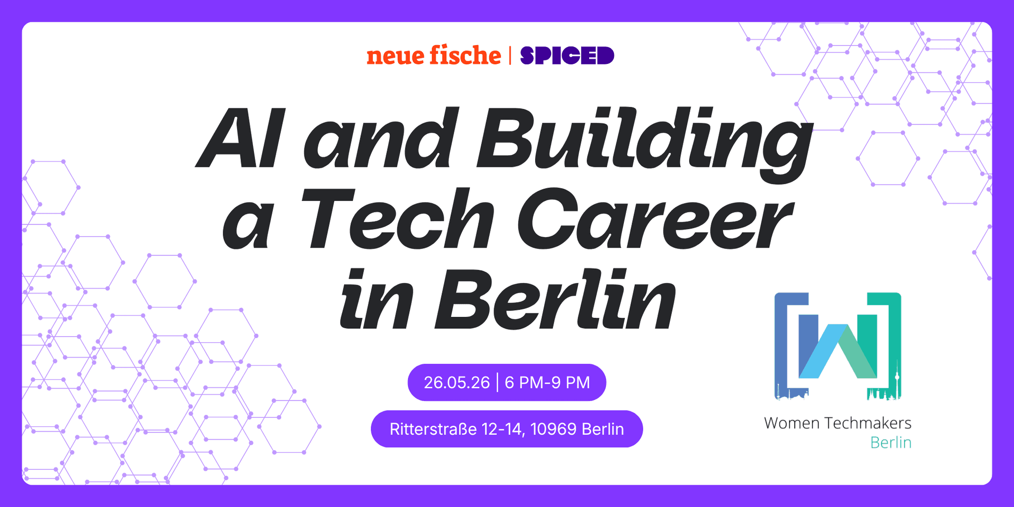 Veranstaltungsankündigung für eine Tech-Karriere-Veranstaltung in Berlin.