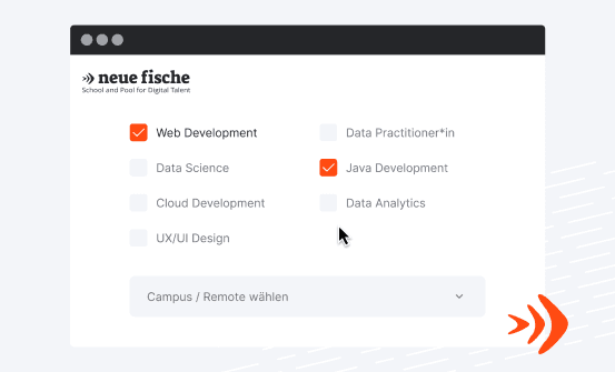 Selection menu for online courses in web and Java development at neue fische.