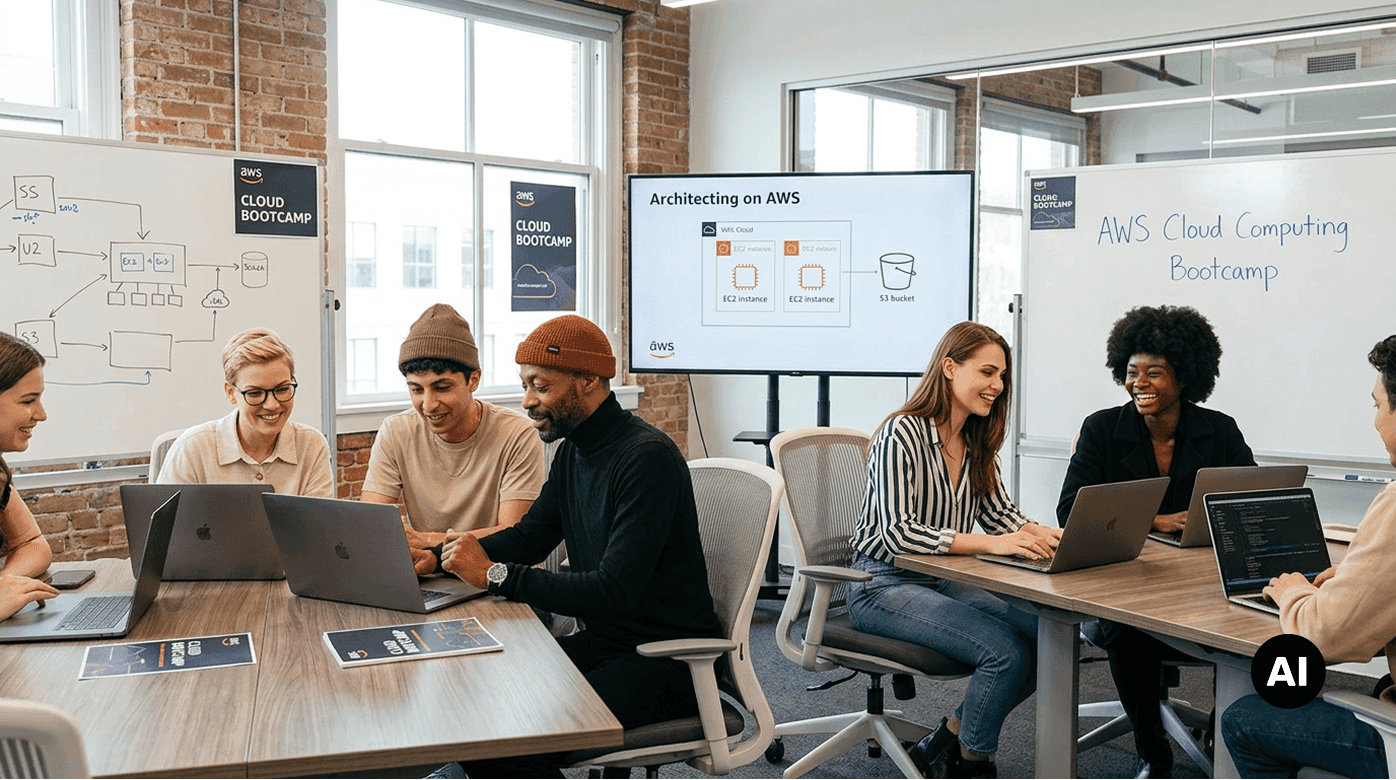 Gruppe von Menschen in einem AWS Cloud Computing Bootcamp, die an Laptops arbeiten.