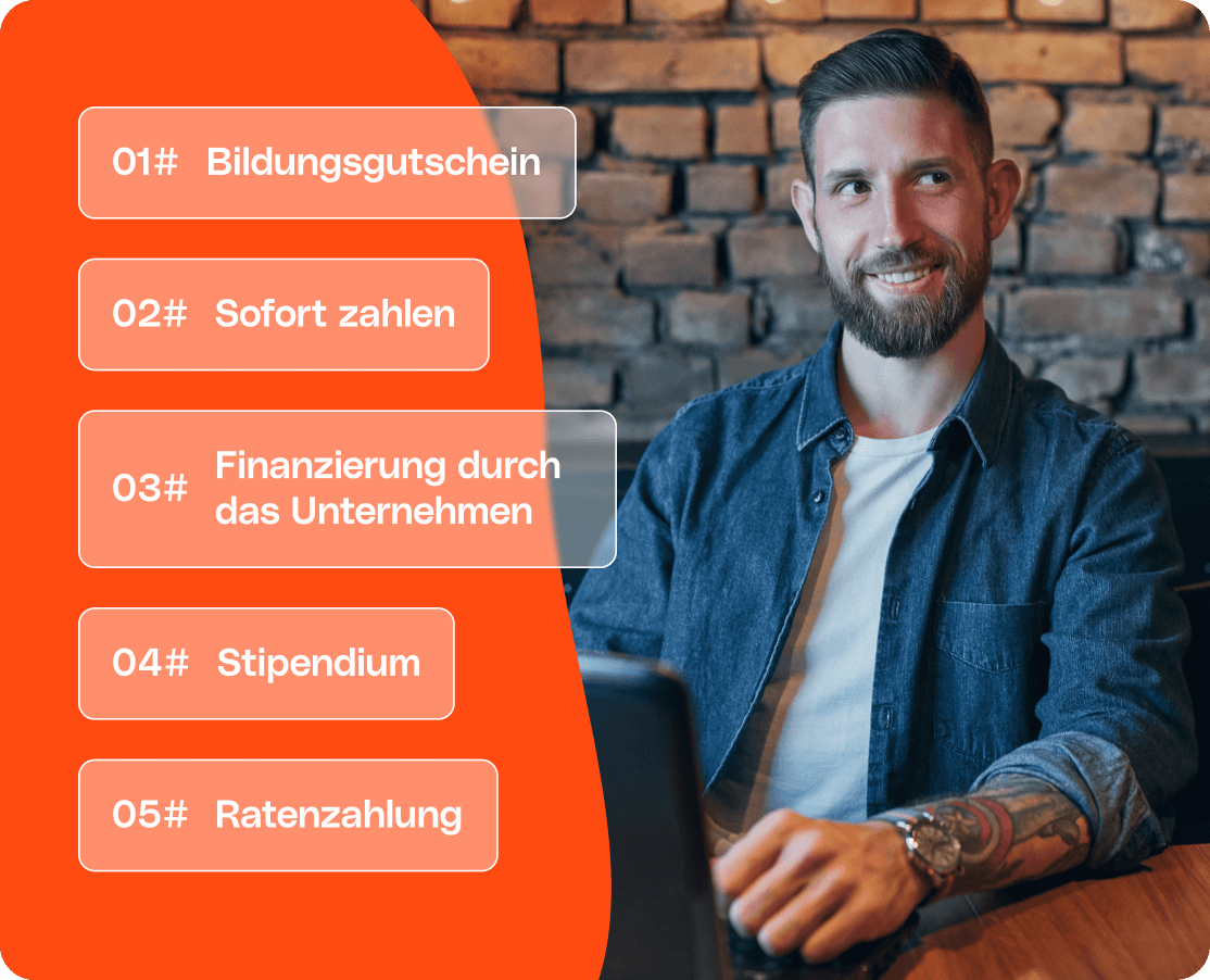 Man looking right with a list of payment options in German