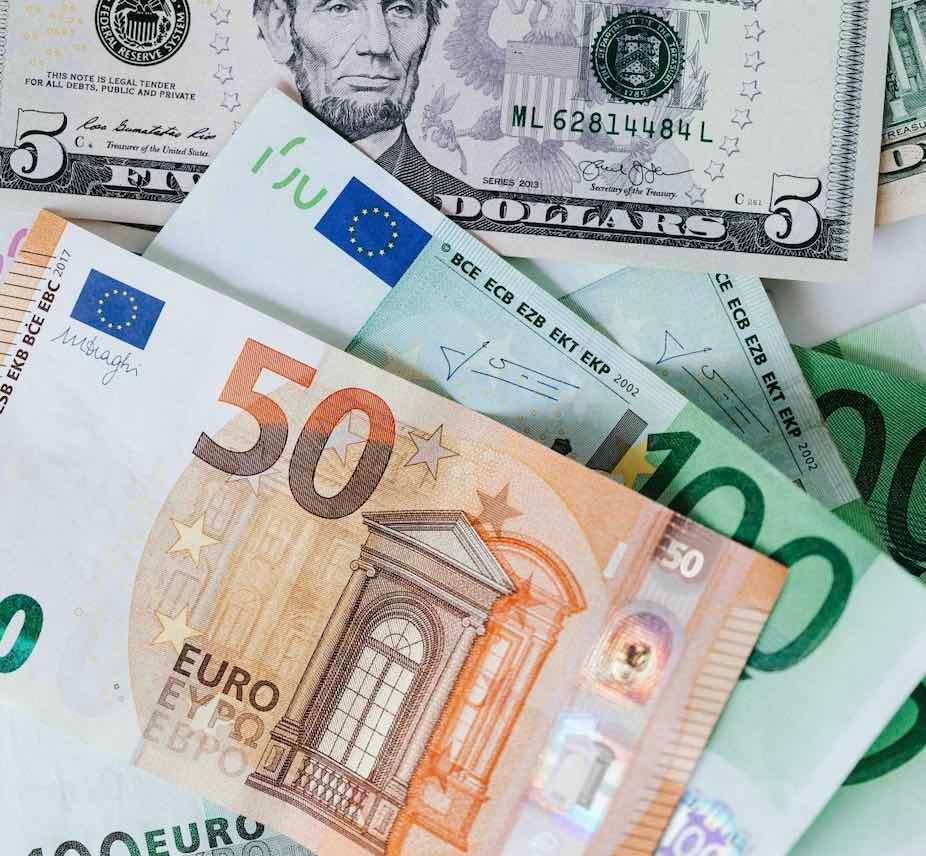 Banknotes in euro and US dollars.