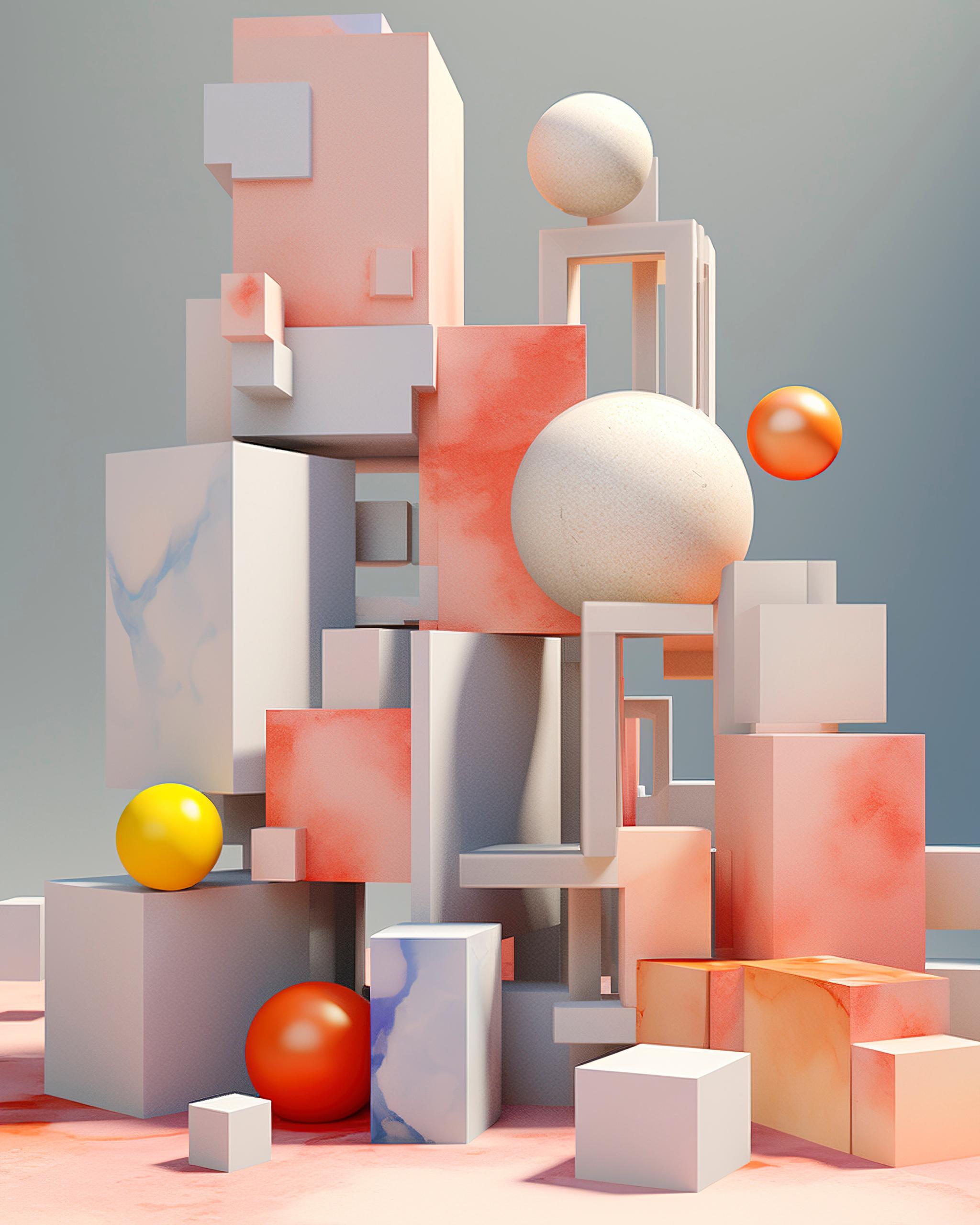 Abstract composition of geometric shapes and colorful spheres.