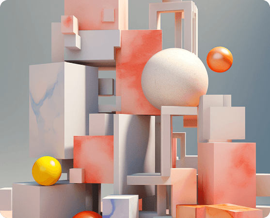 Abstrakte Komposition aus geometrischen Formen und farbigen Kugeln.