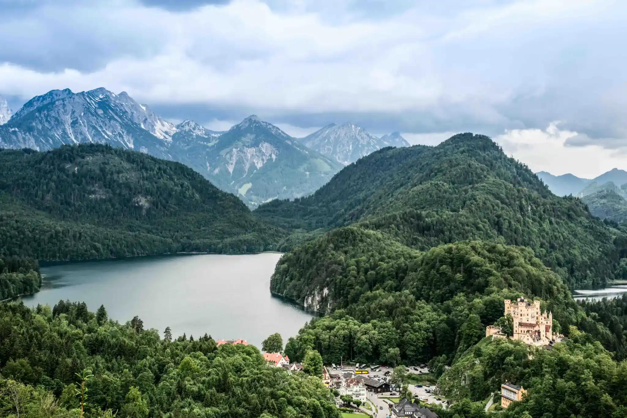 Mountain landscape with lake and castle