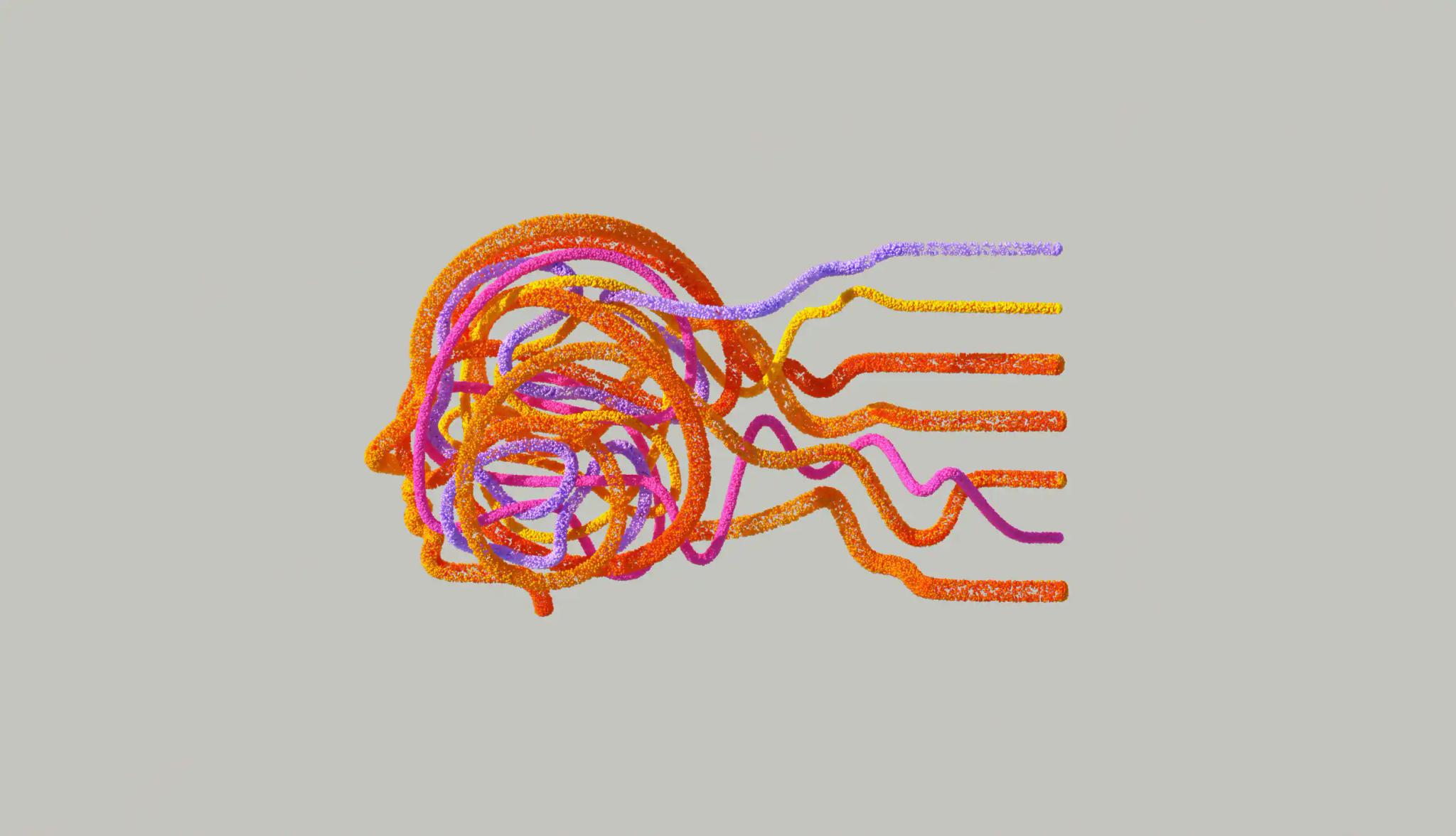 Colorful abstract lines forming a head silhouette on a gray background.