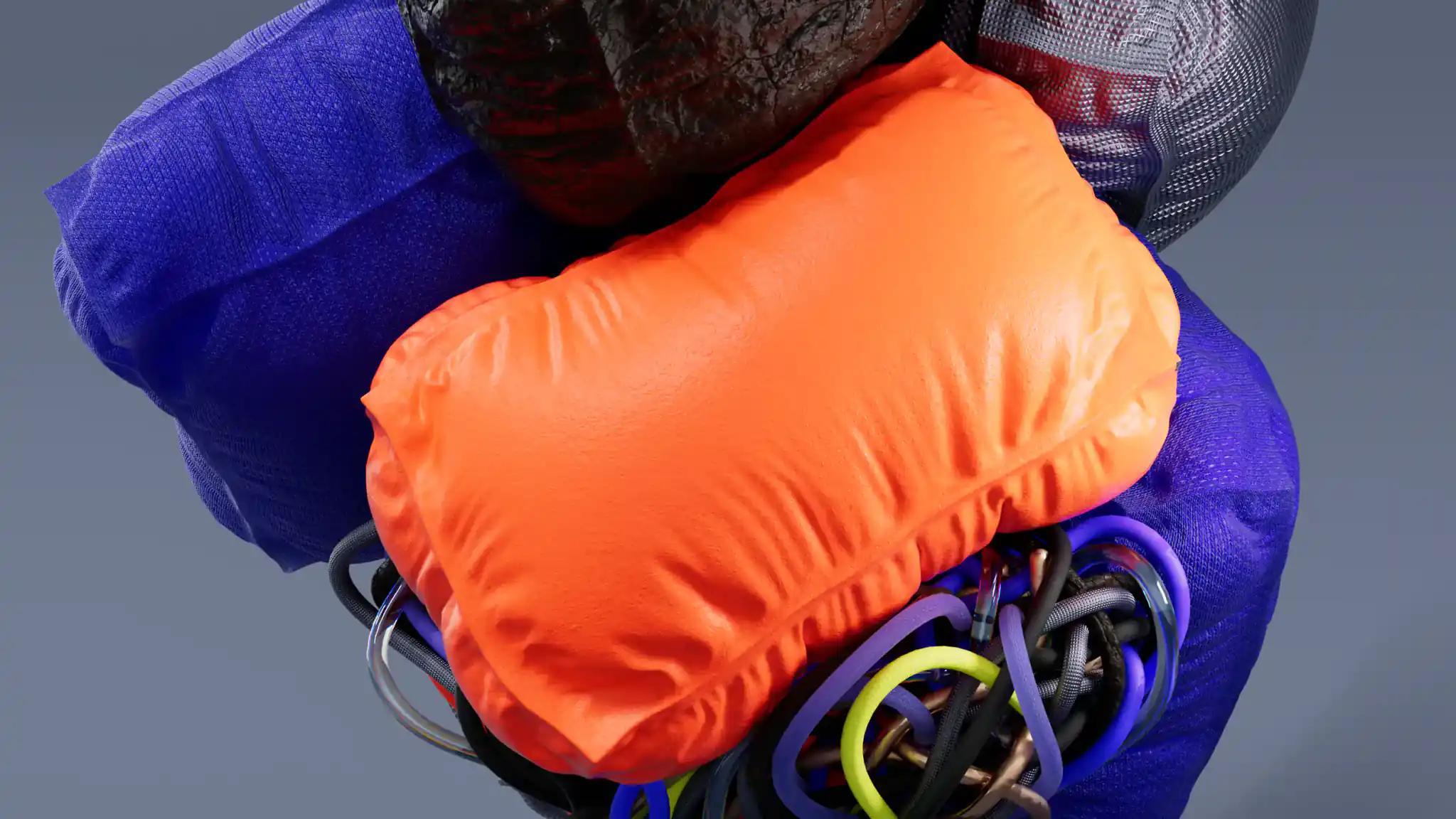 Colorful packed dry bags stacked