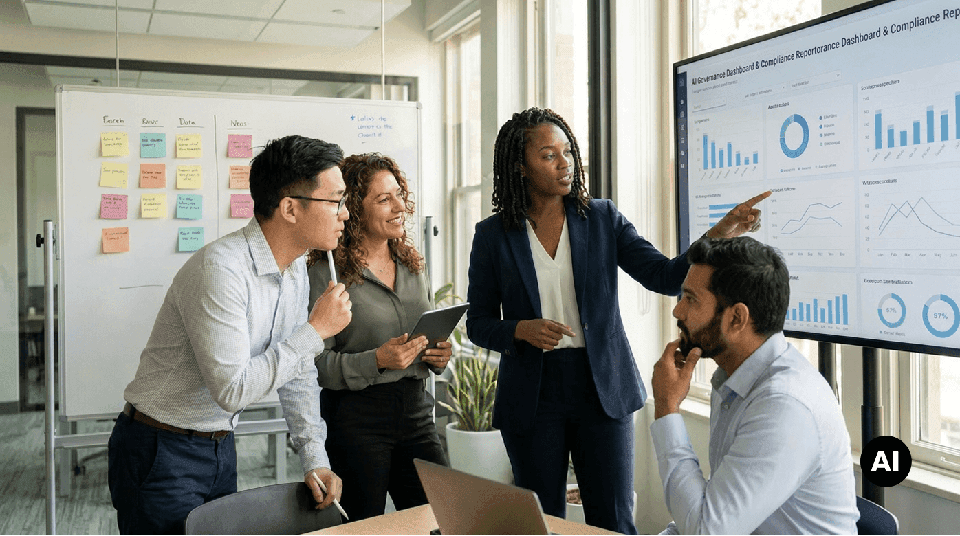 Team discussing AI governance and compliance metrics in a meeting