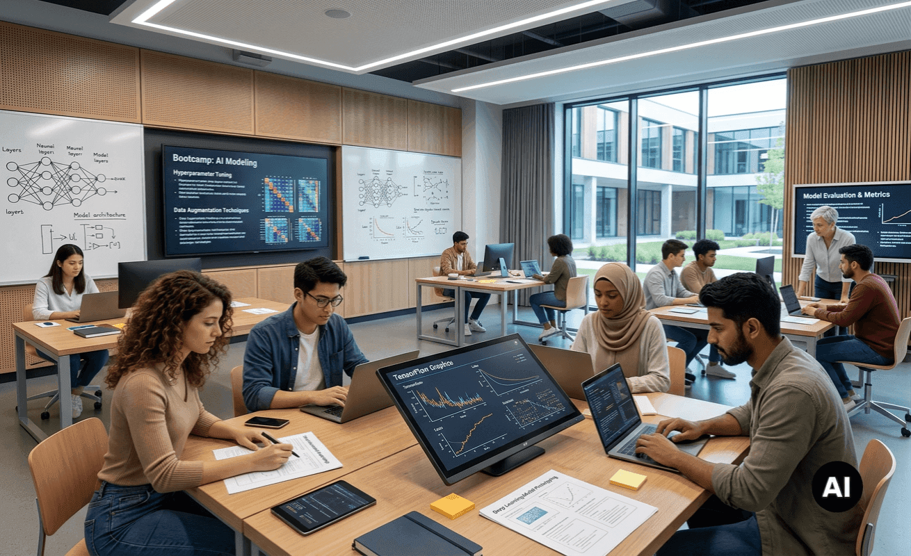 Students and professionals working on laptops in a modern tech classroom during an AI modeling bootcamp