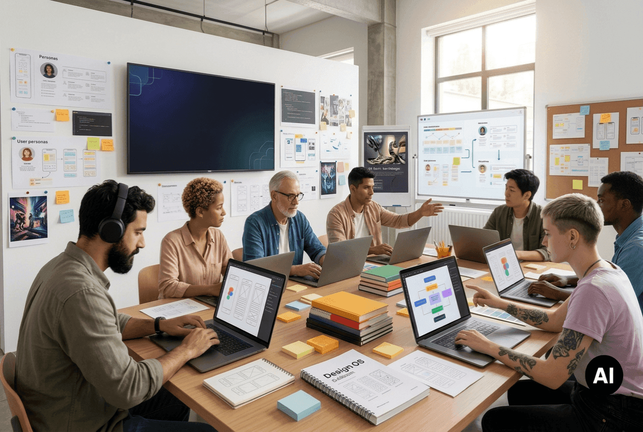 Design and tech team collaborating on user interface projects in an office